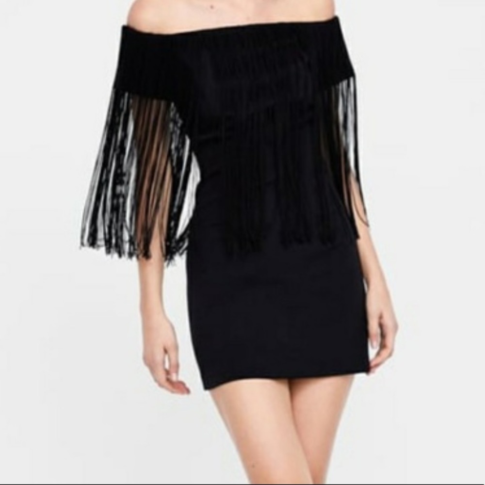 ZARA fringe off-the-shoulder mini dress.